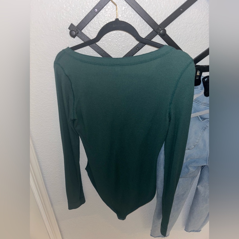 Free People Intimately Carly Thermal Bodysuit Green Henley Waffle Size Large - Picture 4 of 4